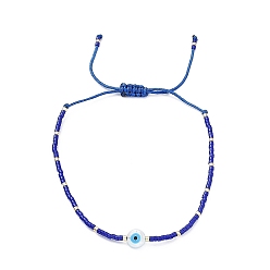 Bleu Bracelet réglable en perles miyuki graine et résine mauvais œil tressé pour femme, bleu, diamètre intérieur: 1-3/4~2-3/4 pouce (4.4~7.1 cm)