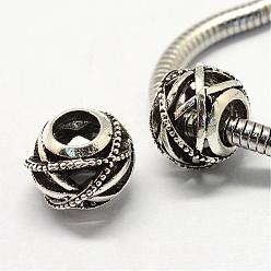 Antique Silver Alloy European Beads, Tibetan Style, Large Hole Beads, Barrel, Hollow, Antique Silver, 12x10mm, Hole: 5mm