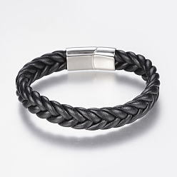 Stainless Steel Color Braided Leather Cord Bracelets, with 304 Stainless Steel Findings and Magnetic Clasps, Stainless Steel Color, 8-5/8 inch(220mm), 29x14x8mm