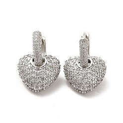 Platinum Clear Cubic Zirconia Heart Dangle Hoop Earrings, Brass Jewelry for Women, Platinum, 22mm, Pin: 1mm