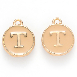 Letter T Golden Plated Alloy Enamel Charms, Cadmium Free & Lead Free, Enamelled Sequins, Flat Round with Letter, Wheat, Letter.T, 14x12x2mm, Hole: 1.5mm