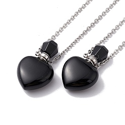 Obsidian Openable Heart Natural Obsidian Perfume Bottle Pendant Necklaces for Women, 304 Stainless Steel Cable Chain Necklaces, Stainless Steel Color, 18.62 inch(47.3cm)