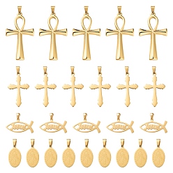 Golden 8Pcs 4 Style Ion Plating(IP) 304 Stainless Steel Charms, Jesus Fish & Flat Oval & Ankh Cross & Cross, for Easter, Golden, Golden, 14~44.5x13~27.5x1~3mm, Hole: 4~8x3~8mm, 2pcs/style