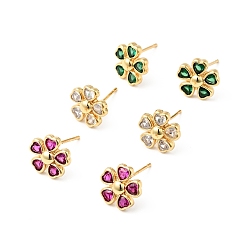 Mixed Color Rack Plating Brass Cubic Zirconia Stud Earrings for Women, Cadmium Free & Lead Free, Heart Flower, Real 18K Gold Plated, Mixed Color, 10.5x11mm, Pin: 0.7mm