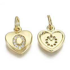 Letter O Brass Micro Pave Clear Cubic Zirconia Charms, with Jump Ring, Heart with Letter, Real 16K Gold Plated, Nickel Free, Letter.O, 10x9x2mm, Jump Ring: 5x1mm, 3mm inner diameter