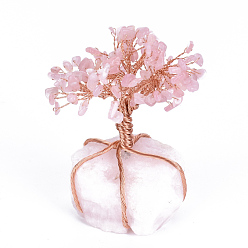 Rose Quartz Natural Rose Quartz Chips and Rose Quartz Pedestal Display Decorations, Healing Stone Tree, for Reiki Healing Crystals Chakra Balancing, with Rose Gold Tone Aluminum Wires, Lucky Tree, 120~150x65~80x52~72mm