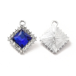 Azul Colgantes de cristal de aleación, encanto de rombo de diamantes de imitación de cristal, Platino, azul, 19.5x16.5x6 mm, agujero: 2 mm