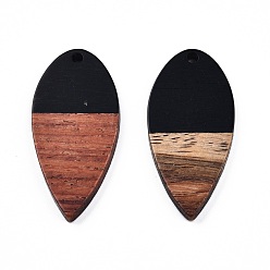 Black Opaque Resin & Walnut Wood Pendants, Teardrop Shape Charm, Black, 38x18x3mm, Hole: 2mm