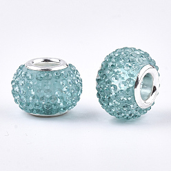 LightSeaGreen Rhinestone de résine de perles européennes, Perles avec un grand trou   , en laiton de tonalité de platine noyaux doubles, rondelle, perles baies, turquoise, 14x10mm, Trou: 5mm