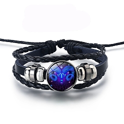 Aries Alloy Braided Bead Bracelets, Leather Multi-Strand Bracelet, Glass Constellation Bracelet, Aries, 7-7/8 inch(20cm)