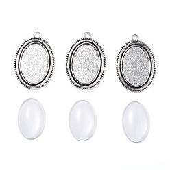 Antique Silver DIY Pendant Making, with Tibetan Style Alloy Pendant Cabochon Settings and Transparent Oval Glass Cabochons, Antique Silver, Cabochons: 30x20x6mm, 1pc/set, Settings: 44x30x2mm, hole: 3mm, 1pc/set