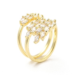 Настоящее золото 18K Открытые кольца-манжеты в виде листьев кубического циркония, украшения из латуни для женщин, реальный 18 k позолоченный, внутренний диаметр: 15.5~17 мм