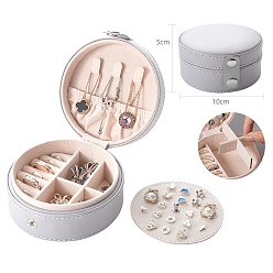 Light Grey Round PU Leather with Lint Jewelry Storage Box with Snap Button, Travel Portable Jewelry Case, for Necklaces, Rings, Earrings and Pendants, Light Grey, 10x5cm