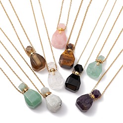 Mixed Stone Openable Faceted Natural & Synthetic Mixed Stone Perfume Bottle Pendant Necklaces for Women, 304 Stainless Steel Cable Chain Necklaces, Golden, 18.50 inch(47cm)