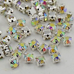 Crystal AB Sew on Rhinestone, Grade A Glass Rhinestone, with Brass Prong Settings, Garments Accessories, Silver Color Plated Metal Color, Crystal AB, 3~3.2x3~3.2mm, Hole: 1mm, about 1440pcs/bag