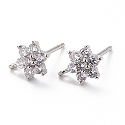 Clear Brass Micro Pave Cubic Zirconia Stud Earrings Findings, Cadmium Free & Lead Free, Flower with Loop, Platinum, Clear, 9.5x6.5x3mm, Hole: 0.8mm, Pin: 0.9mm