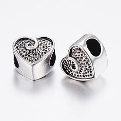Antique Silver 304 Stainless Steel European Beads, Large Hole Beads, Heart, Antique Silver, 10.5x11.5x9mm, Hole: 5mm