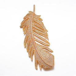 Golden Brass Micro Pave Cubic Zirconia Big Pendants, Feather, Golden, 80x31x5mm, Hole: 3mm