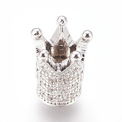 Real Platinum Plated Brass Micro Pave Cubic Zirconia Beads, Crown, Clear, Real Platinum Plated, 10x8mm, Hole: 1.4mm