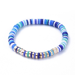 Blue Handmade Polymer Clay Heishi Beads Stretch Bracelets, with Non-magnetic Synthetic Hematite Beads, Blue, Inner Diameter: 2-1/8 inch(5.5cm)