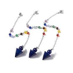 Lapis Lazuli Dyed Natural Lapis Lazuli Cone Dowsing Pendulum Pendants, with Chakra Gemstone Round Beads, Rack Plating Platinum Tone Brass Findings & Chains, 235mm