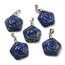 Lapis Lazuli Natural Lapis Lazuli Carved Pendants, Flower Charms with Rack Plating Platinum Plated Brass Pinch Bails, 30x22.5x7.5mm, Hole: 4.5x4mm