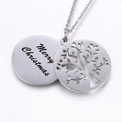 Stainless Steel Color 304 Stainless Steel Pendant Necklaces, with Enamel, Flat Round with Tree, with Word Merry Christmas, Stainless Steel Color, 17.7 inch(45cm), Pendant: 32x25x2mm
