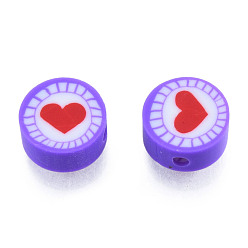 Blue Violet Handmade Polymer Clay Beads, Flat Round with Heart, Blue Violet, 9.5~10x4.5~5mm, Hole: 1.6mm