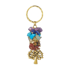 Tree of Life Porte-clés pendentif pierre gemme naturelle chakra, avec apprêts en fer et pendentifs en alliage, modèle de l'arbre de vie, 8.5 cm, pendentif: 28x23.5x1.5 mm