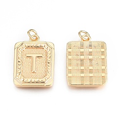 Letter T Brass Pendants, with Jump Rings, Cadmium Free & Nickel Free & Lead Free, Rectangle with Letter, Real 18K Gold Plated, Letter.T, 22.5x16x2mm, Jump Ring: 5x1mm, 3mm inner diameter
