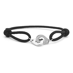Black 316L Surgical Stainless Steel Handcuff Link Bracelet, Polyester Braided Cord Adjustable Bracelet for Men Women, Black, 7-7/8 inch(20cm)