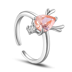 Light Salmon SHEGRACE Rhodium Plated 925 Sterling Silver Cuff Rings, Open Rings, Deer with AAA Cubic Zirconia, Light Salmon, 18mm