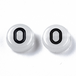 Letter O Acrylic Beads, with Enamel and Luminous, Horizontal Hole, Flat Round with Black Letter, Glow in the Dark, Light Grey, Letter.O, 7x3.5mm, Hole: 1.5mm, about 3600~3700pcs/500g
