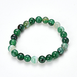 Vert Mer Agates rayées naturelles / bracelets extensibles avec perles d'agate, teint, ronde, vert de mer, 2-1/8 pouces (55 mm)