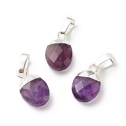Amethyst Natural Amethyst Charms, with Silver Tone Brass Findings, Faceted, Cadmium Free & Lead Free, Oval, 14x8x5mm, Hole: 6x4mm