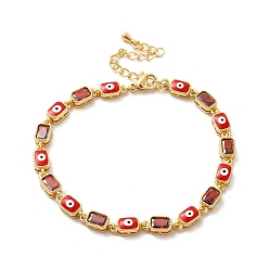 Rouge Bracelet chaîne à maillons rectangulaires en émail mauvais œil et zircone cubique, bijoux en laiton doré pour femme, rouge, 7-1/4 pouce (18.5 cm)