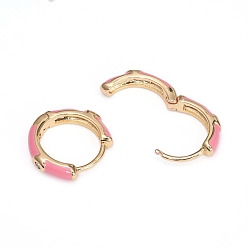 Pearl Pink Brass Micro Pave Clear Cubic Zirconia Huggie Hoop Earrings, with Enamel, Pearl Pink, 16x3mm, Pin: 1mm