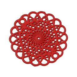 Brique Rouge 430 charmes de connecteur en acier inoxydable, embellissements en métal gravé, plat rond avec liens fleuris, firebrick, 18x0.5mm, Trou: 1.2mm