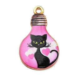 Hot Pink Alloy Pendant, Lead Free & Cadmium Free & Nickel Free, Lamp Bulb with Cat Shape, Hot Pink, 28x17x1.5mm, Hole: 1.8mm