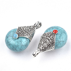 Turquoise Tibetan Style Resin Pendants, with Alloy & Enamel, teardrop, Antique Silver, Turquoise, 28x16x14mm, Hole: 2~3.5mm