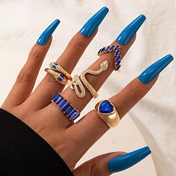 Sapphire 5Pcs 5 Style Snake & Heart & Rectangle Rhinestone Finger Rings Set, Golden Alloy Wide Stackable Rings for Women, Sapphire, Inner Diameter: 16~18mm, 1Pc/style
