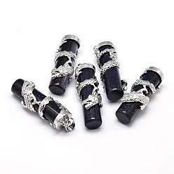 Blue Goldstone Column with Dragon Platinum Plated Brass Synthetic Blue Goldstone Pendants, Cadmium Free & Lead Free, 40~42x13mm, Hole: 5x8mm