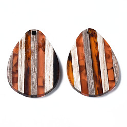 Dark Orange Stripe Resin & Walnut Wood Pendants, Teardrop, Dark Orange, 36x26x3mm, Hole: 1.8mm
