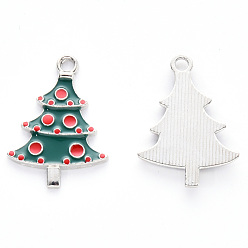 Green Alloy Enamel Pendants, for Christmas, Christmas Tree, Platinum, Green, 26x18.5x2mm, Hole: 2mm