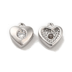Real Platinum Plated Brass with Glass Charms, Heart Charm, Real Platinum Plated, 7x7x5mm, Hole: 1mm