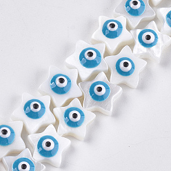 Dodger Blue Freshwater Shell Beads, Star with Evil Eye, Dodger Blue, 9.5x10x4mm, Hole: 1mm