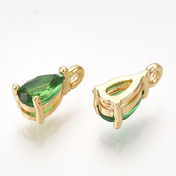 Green Brass Cubic Zirconia Charms, Nickel Free, Real 18K Gold Plated, teardrop, Green, 7x4x3mm, Hole: 1mm