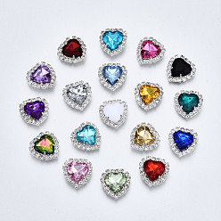 Mixed Color Acrylic Rhinestone Cabochons, with Crystal Rhinestones and Brass Rhinestones Findings, Heart, Faceted, Silver, Mixed Color, 17.5x17x6~7mm