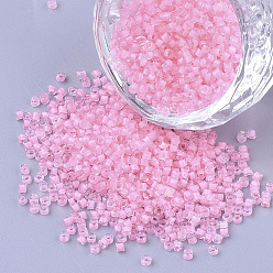 Pink Glass Cylinder Beads, Seed Beads, Inside Colours, Round Hole, Pink, 1.5~2x1~2mm, Hole: 0.8mm, about 8000pcs/bag, about 85~95g/bag