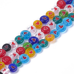 Mixed Color Handmade Lampwork Beads Strands, Flat Round with Heart, Mixed Color, 10x3.5mm, Hole: 1.4mm, about 38pcs/strand, 14.7 inch